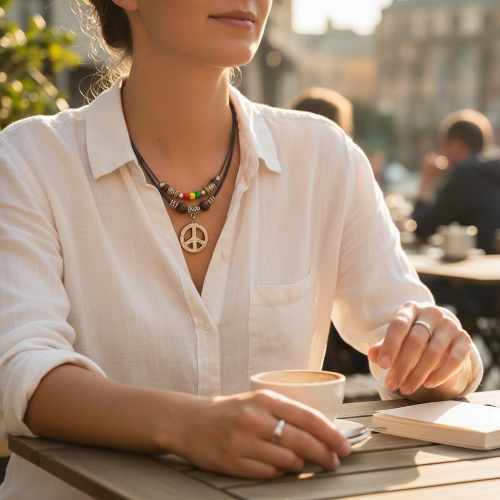 Double Layers Peace Sign Pendant Hemp Hawaiian Peace Symbol Necklace Rasta plaid Hippie Braid - Image 6