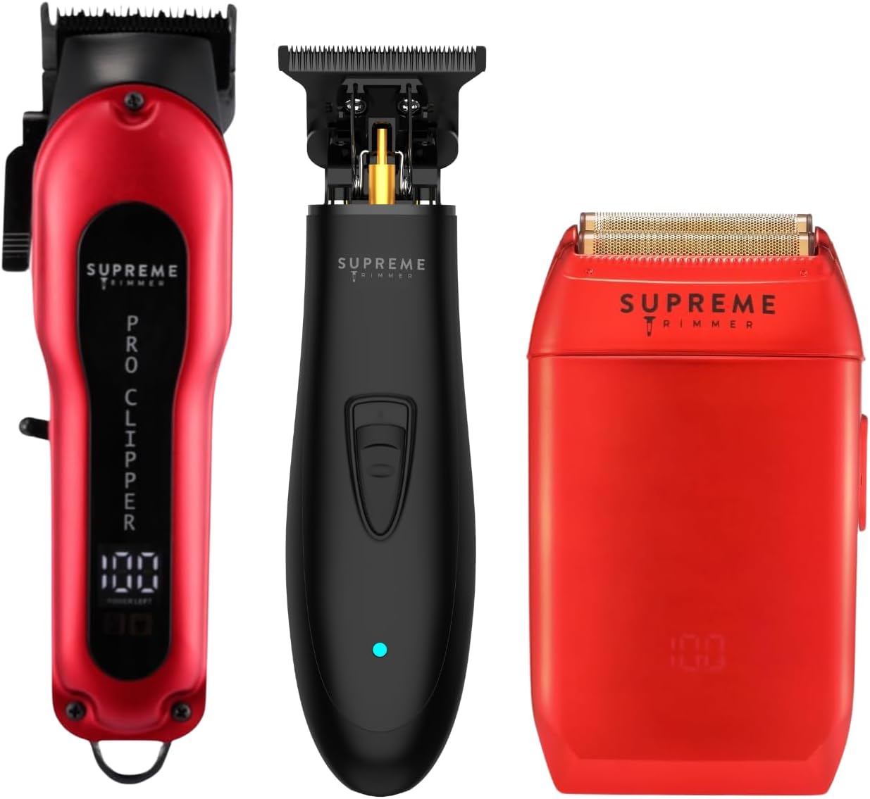 Supreme Trimmer 3-in-1 Barber Bundle | Pro Clipper, DLC T-Shaper Trimmer & Crunch Foil Shaver | Professional Beard Trimmer Mens Hair Clipper Kit | Red