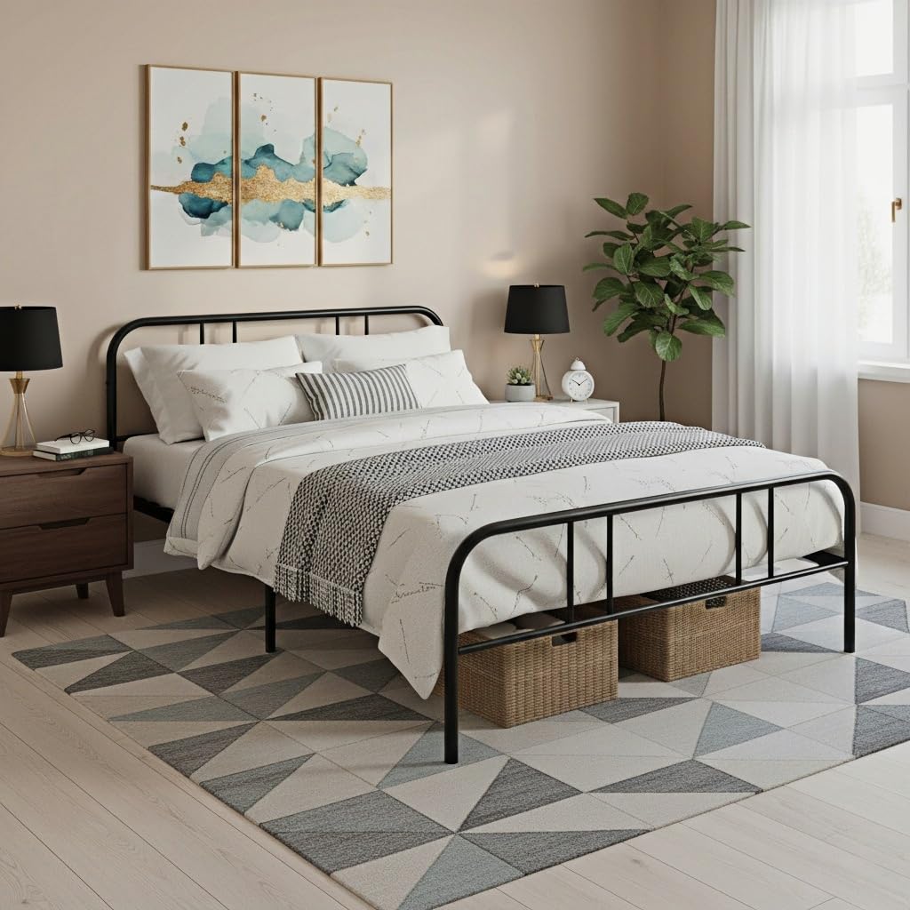Métal Cadre de Lit Double 140x190 cm, Structure en Métal, Sommier à Lattes Robuste et Durable, avec Tête et Pied, Facile à Monter, Nombreux Rangements sous Le Lit, Noir