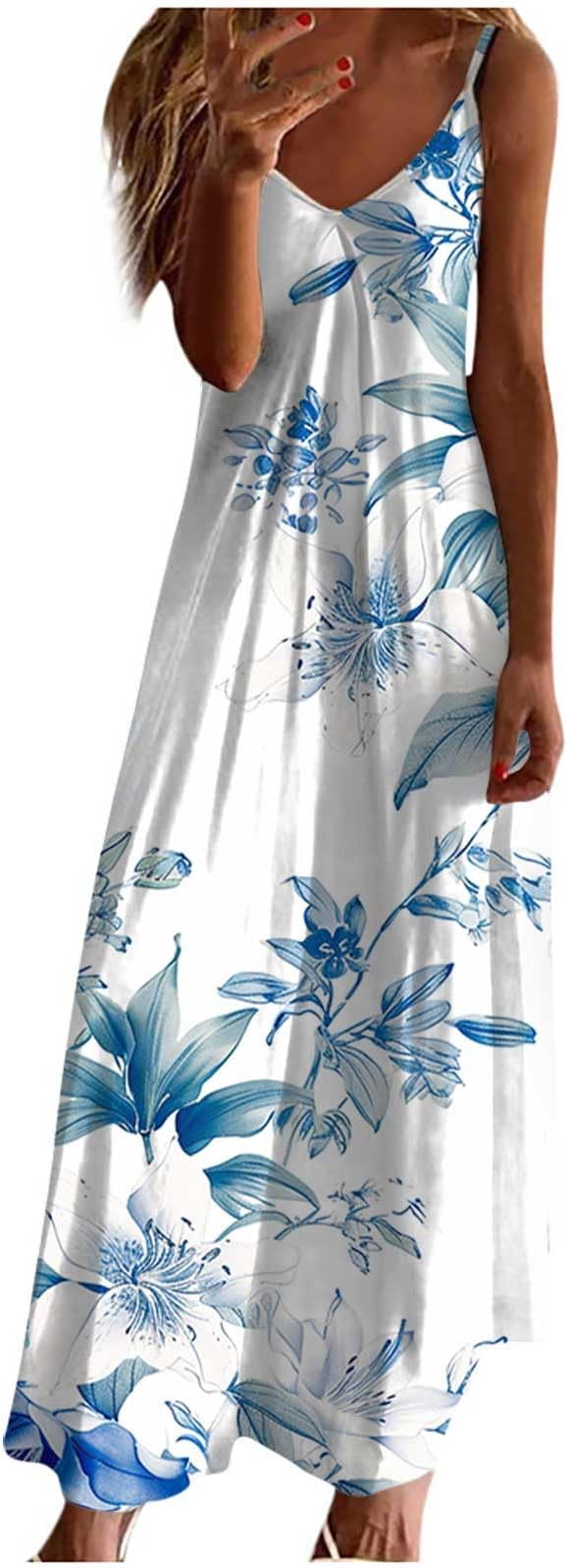 Women Floral Spaghetti Strap Sundress Casual Summer Long Maxi Dress Vneck Sexy Boho Dresses Trendy Beach Clothes
