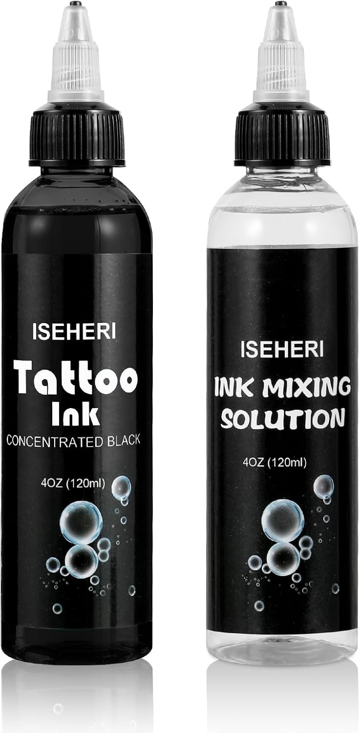 Premium Make Your Own Greywash Tattoo Ink Set, Includes Two 4 oz Bottles of Professional Black Tattoo Ink and Tattoo Mixing Solution for Tattoo Artists