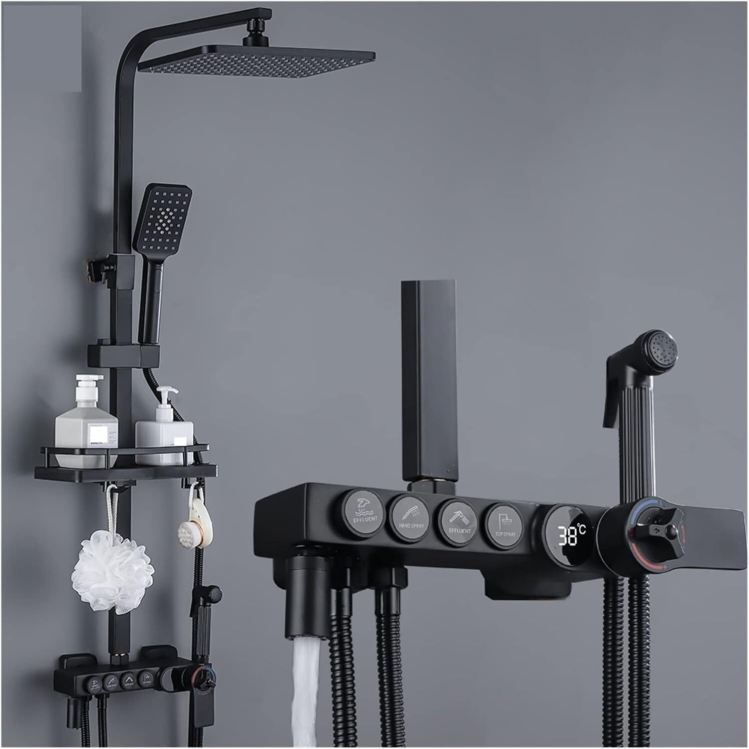 SBCGFY Thermostatic Black Shower System With Bathtub Faucet, Water Flow Control, Electric Showerhead & Shelf - Modern Bathroom Fixture,Black Cold Hot-1