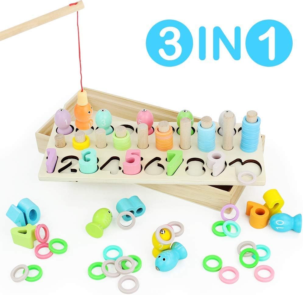 Akokie Wooden Toys Number Blocks Puzzles Stacking Toys Fishing Game Maths Learning Toy Counting Games for Kids 3 4 5 Year Old Girls Boys