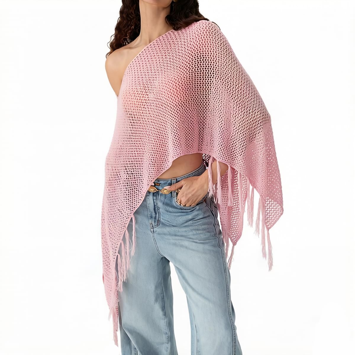 Women Sequin Knit Poncho Fringe Hem Off Shoulder See-through Crochet Cape Sheer Shrug Lightweight Beach Cover Ups-image-16