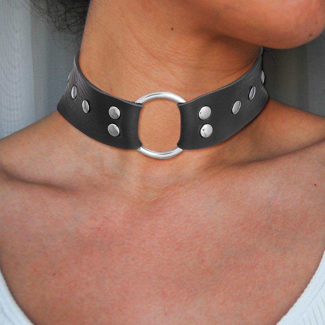 Sethain Punk Leather Choker Necklace Black Gothic Wide Leathers