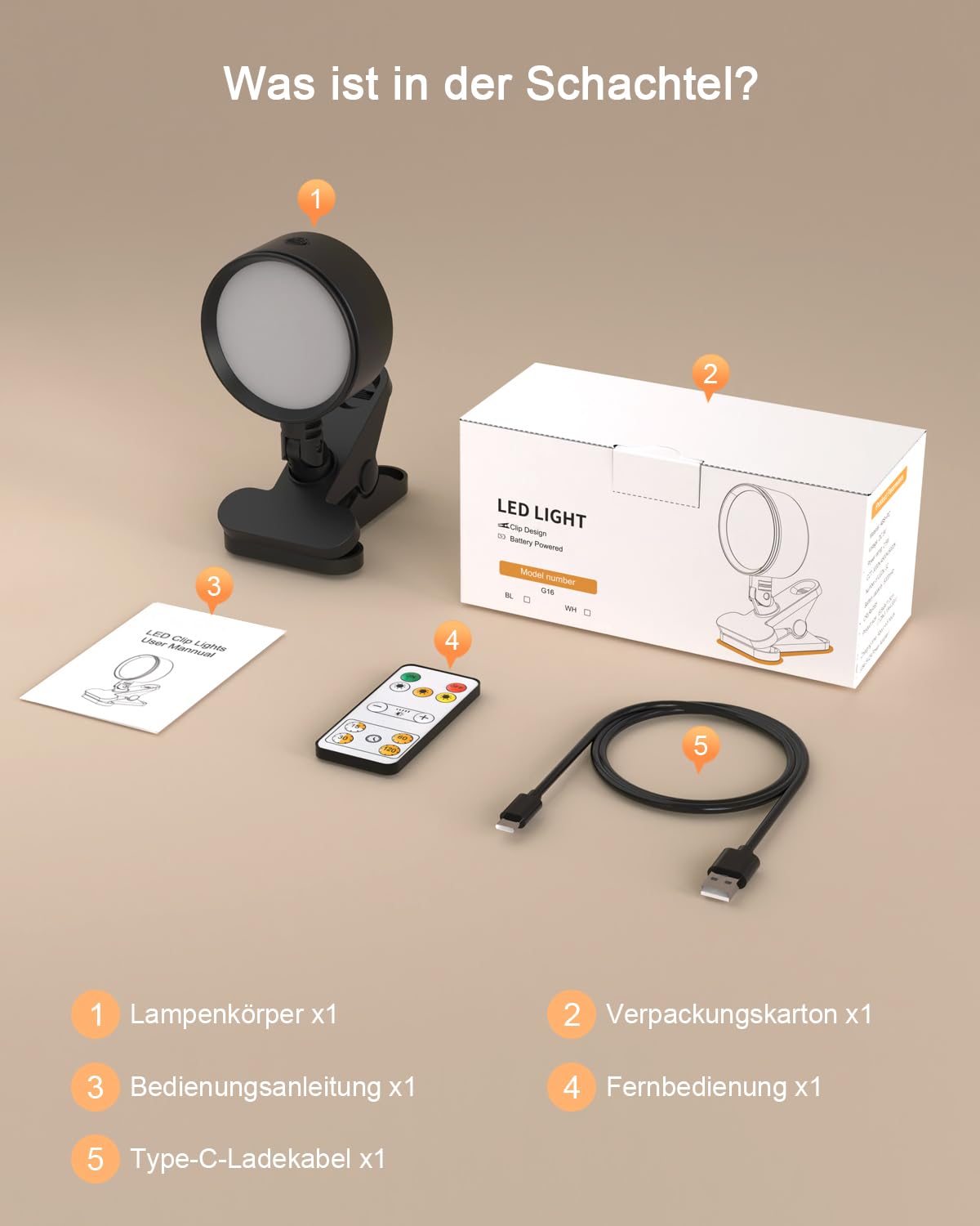 Leselampe Bett Akku Kabellos mit 5000mAh, Klemmlampe Bett mit 3 Farben Dimmbar Touch Fernbedienung, USB-C Klemmleuchte LED mit 360° Drehbare, Nachttischlampe Klemmbar für Schlafzimmer Camping