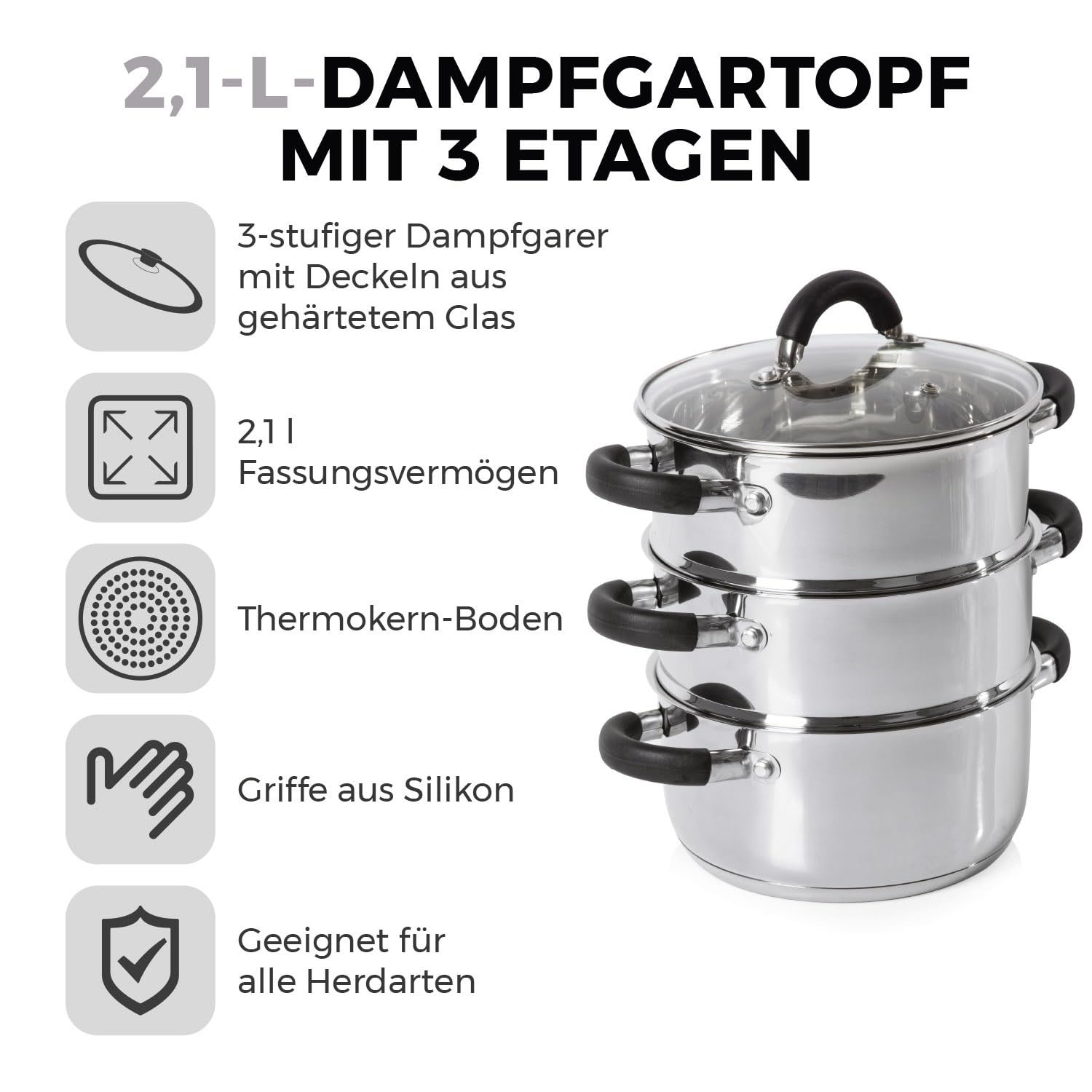 Tower T80836 Essentials Dampftopf Induktion - Dampfgarer Topf 3-Lagig mit Glasdeckel und Silikongriffen - Kartoffeldämpfer Dampfgarer Edelstahl mit Polierter Hochglanzoberfläche 18 cm - Silber