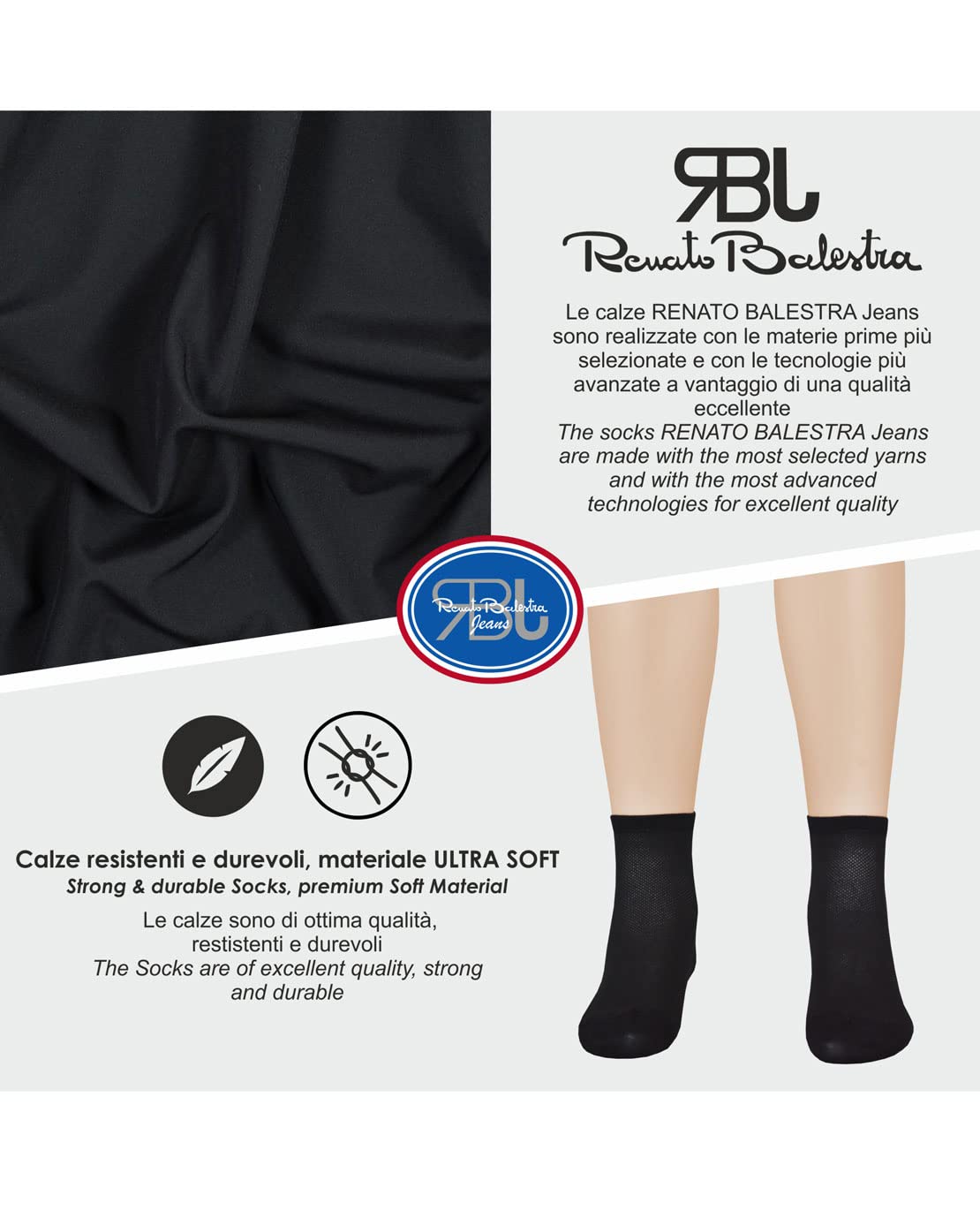 Renato Balestra linea Jeans - 6 Paia Calzini alla caviglia unisex per uomo e donna in cotone filo di scozia traspirante mod. Traspir