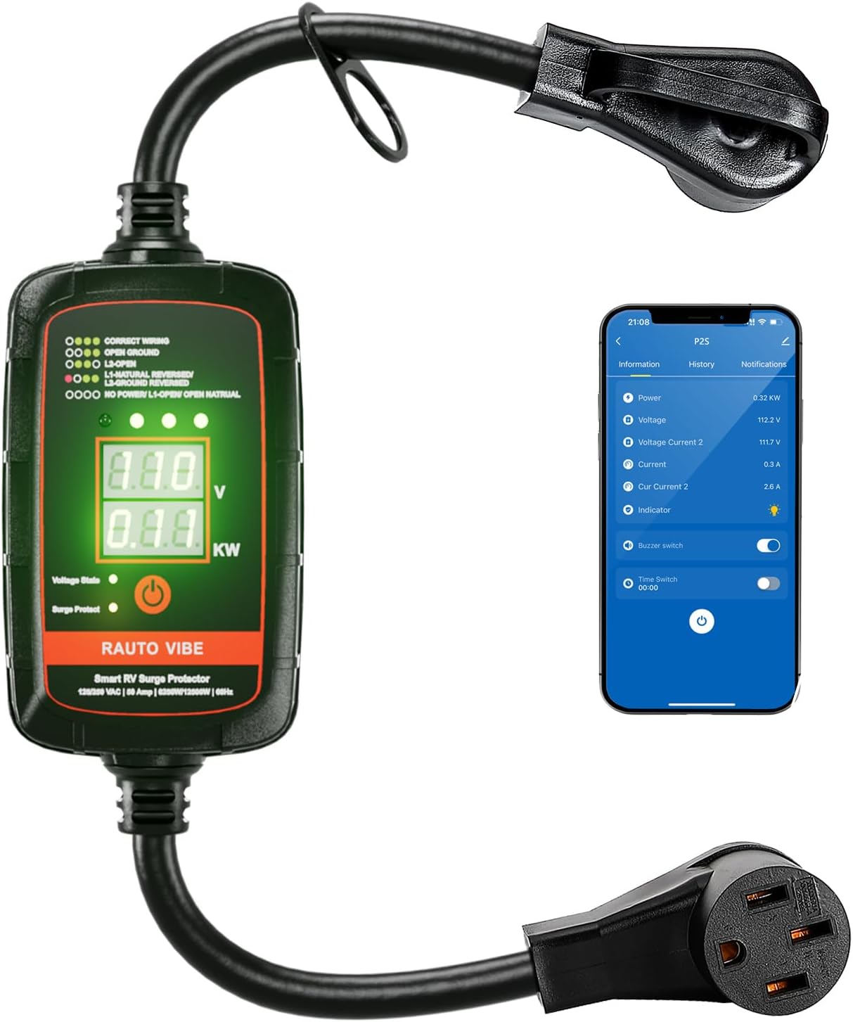 P2 Bluetooth Smart RV Surge Protector 50Amp EPO | KWH Meter, App Control, Voltage Protection, Auto-Reconnection, Built-in Buzzer, Replaceable Module | UL Listed Weather Resistant 125/250VAC