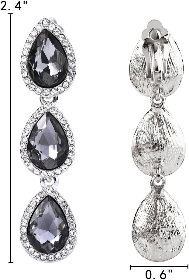 EleQueen Women's Austrian Crystal Teardrop Pear Shape 2.4 Inch Long Clip-on Dangle Earrings - Image 4