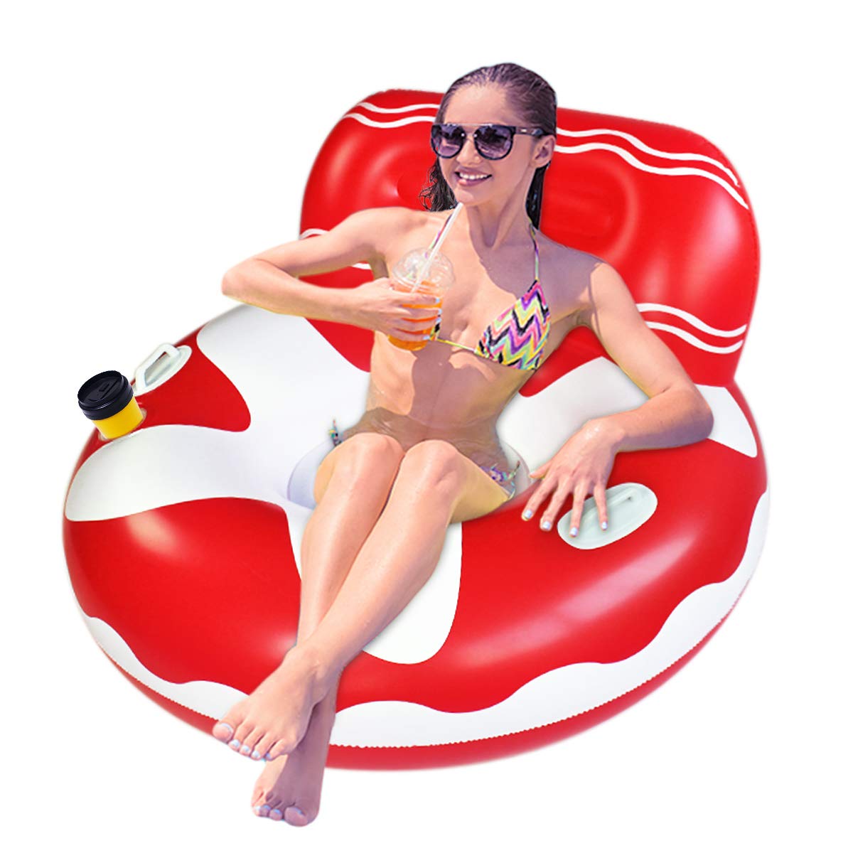 Flotadores de piscina para adultos, flotador de piscina para adultos, balsa de piscina inferior de malla, con dos asas y un portavasos grande, ideal para relajarse en la piscina, rojo.