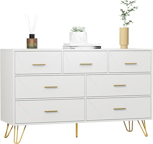 Miniatura 9 de JOZZBY Cómoda para dormitorio, cómoda de 7 cajones, cómoda blanca con asas doradas, cómodas modernas y cómodas, cómoda para niños, para dormitorio,
