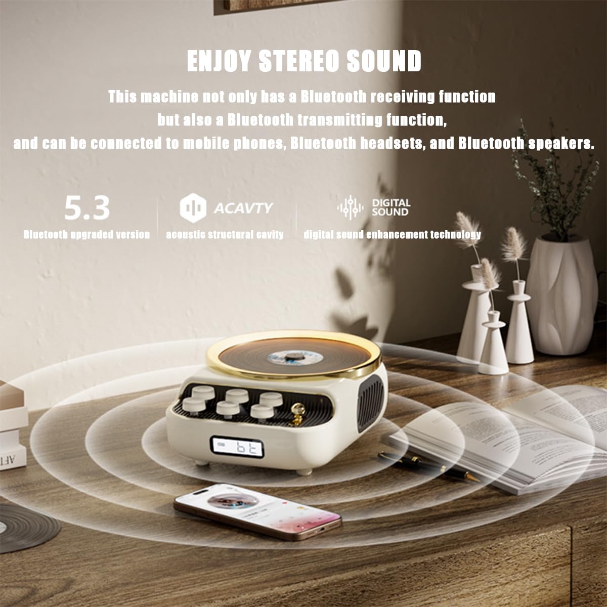 Lettore CD con cordino, sistema musicale ricaricabile da 4000 mAh, radio FM Bluetooth, giradischi, altoparlanti integrati, versatile per sport, studio, lavoro