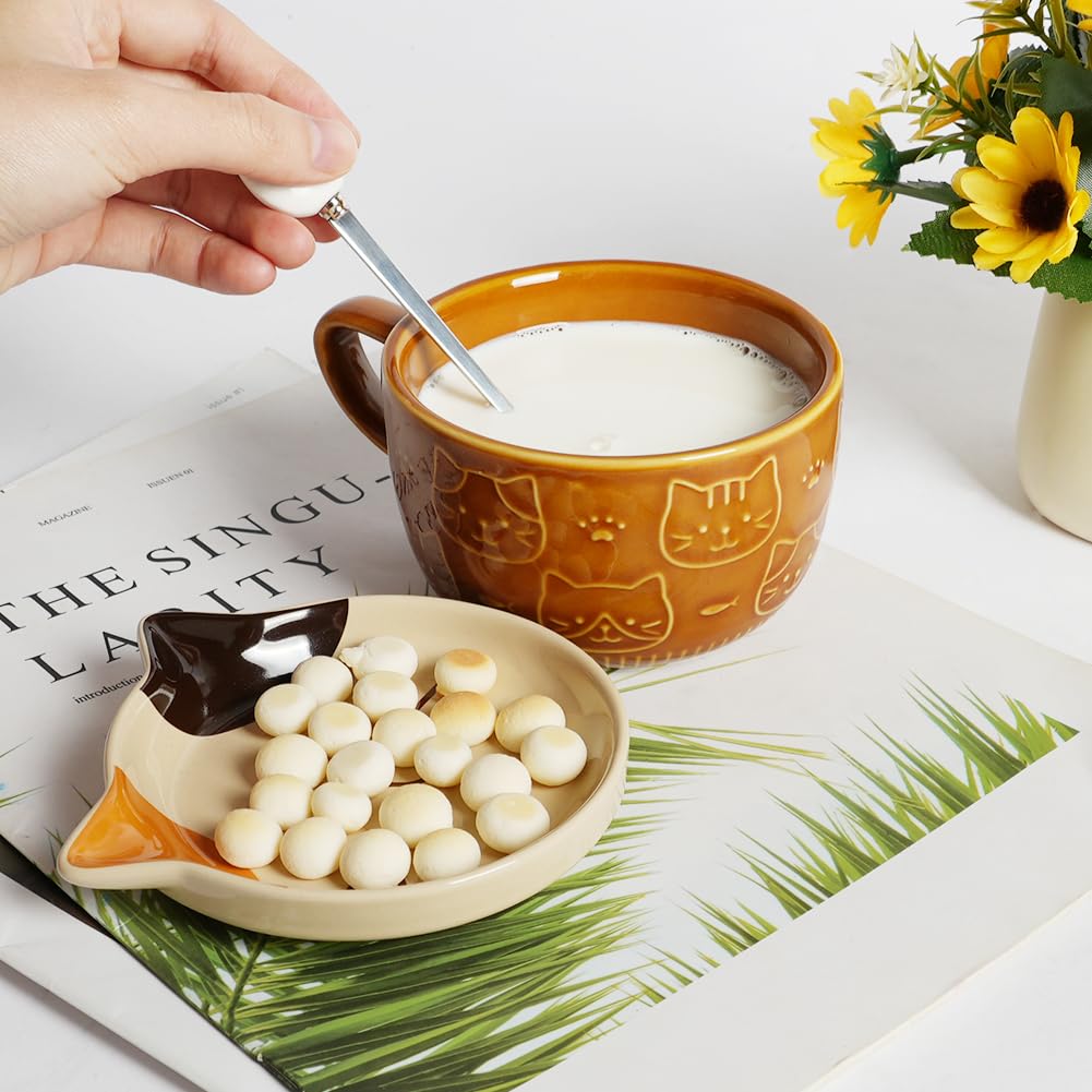 HOTUT Tazza Gatto Caffe Set Ceramica Kawaii, Set di Tazze da Caffè con Coperchi, Tazza da Tè in Ceramica Cartoon, Divertente Gatto Tazze per le Donne, Amici, Bambini, Regalo di Natale, Compleanno