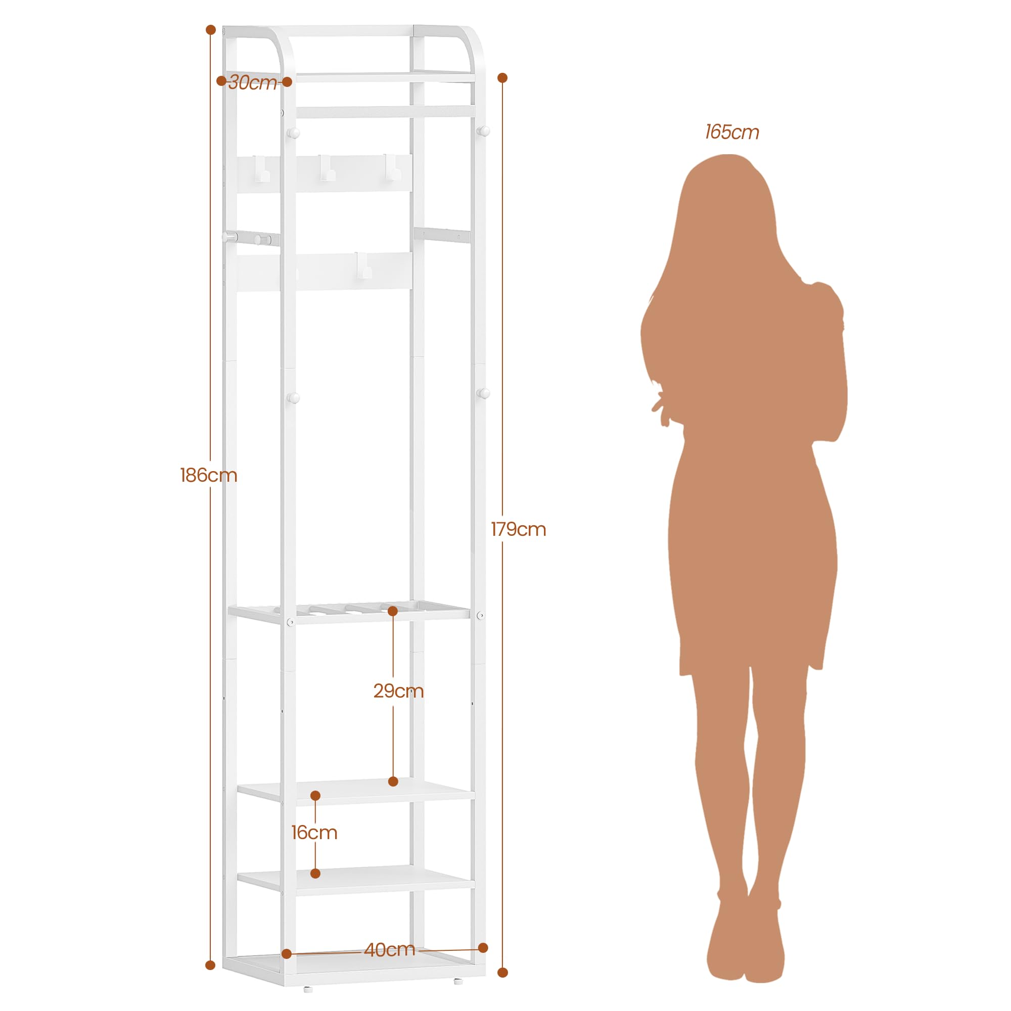 HEXCELEN Garderobenständer, Kleiderständer mit 4 Ablagen und 13 Haken, Aufbewahrungsregal mit Umkehrbaren Ablagen, Garderobe, 30 x 40 x 186 cm, für Schlafzimmer, Wohnzimmer, Flur, Weiß