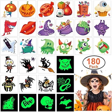 WAVEJOE 180pcs Assorted Halloween Tattoos, 30 Designs Including 36 Glow in The Night Children Tattoos Halloween Trick or Treat Ghost Monster Pumpkin Tattoos Cover