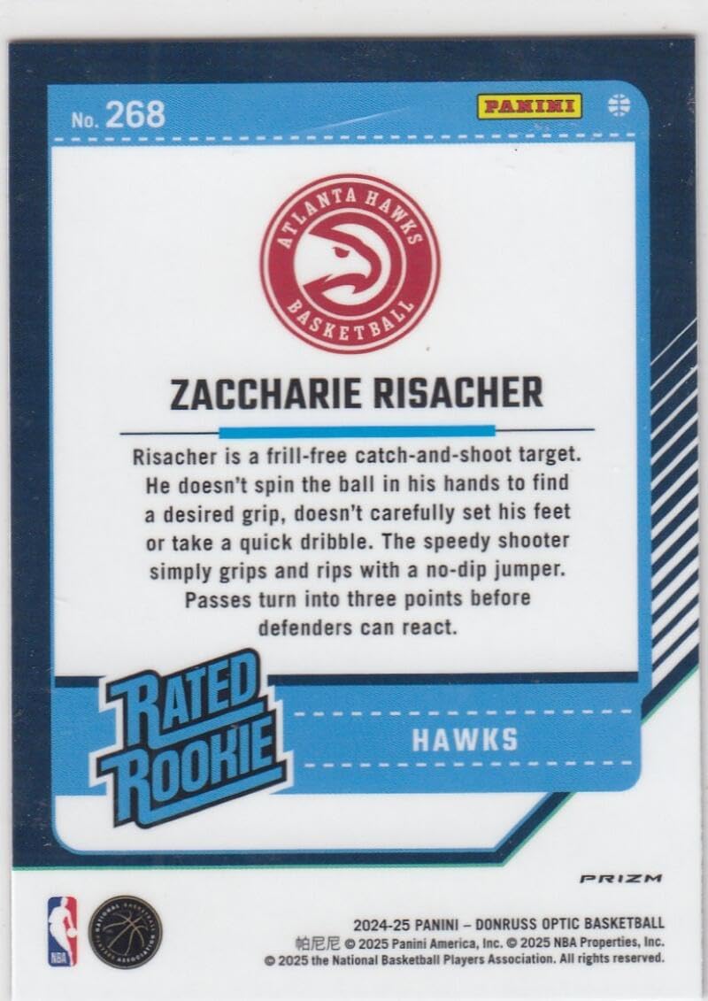 Basketball Trading Card 2024-25 Donruss Optic Rated Rookies Photon #268 Zaccharie Risacher Rated Rookie EX/NM Hawks