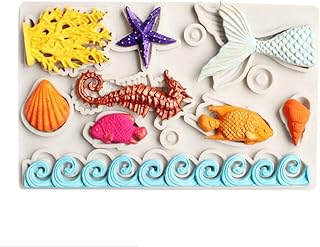Ialwiyo Big Mermaid Theme Fondant Silicone Mold, Mermaid Tail Seahorse Seashell Starfish Seaweed Fish Chocolate Mold for S...