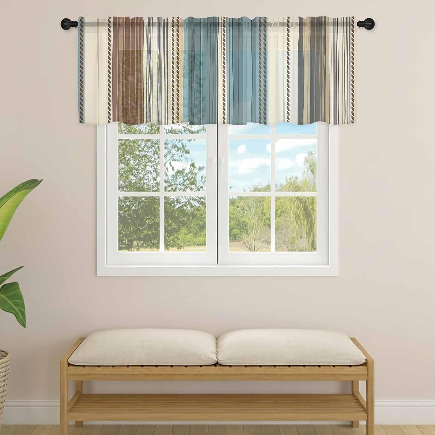 Semi Sheer Valance Curtains, Boho Stripes Bohemian Vintage Farmhouse Decor Teal Brown Beige Rod Pocket Light Filtering Voile Short Window Treatments for Kitchen Bathroom Bedroom 54" W x 18" L,1 Panel