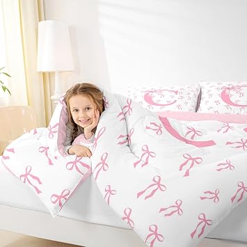 Erosebridal Pink Initial C Princess Comforter Set Twin Kawaii Watercolor Bowknot Bedding Set Romantic Ribbon Letter Bow Down Comforter Initial A-Z Bow Tie Aesthetic Duvet Insert