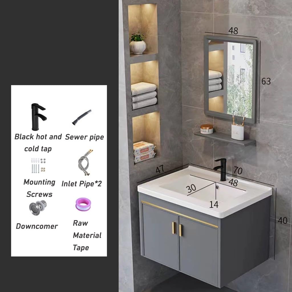 Fregadero Integrado Y Espejo Mueble Lavabo con Espejo Espejo De Pie para Guardarropa con Lavabo De Cerámica Mueble De Almacenaje(70 * 40 * 47CM)