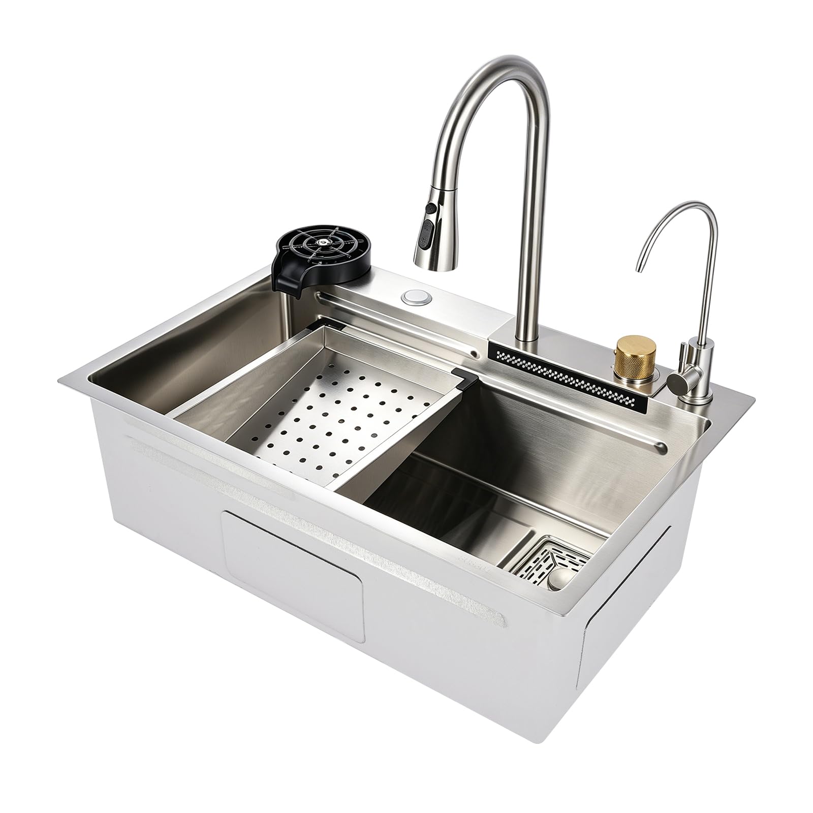 Fregadero de cocina 68 × 35 × 21 cm, acero inoxidable 304, 4 modos, juego completo | Grifo extensible con diseño de doble etapa, incluye 5 puntos de montaje preperforados, sifón y sistema de filtro