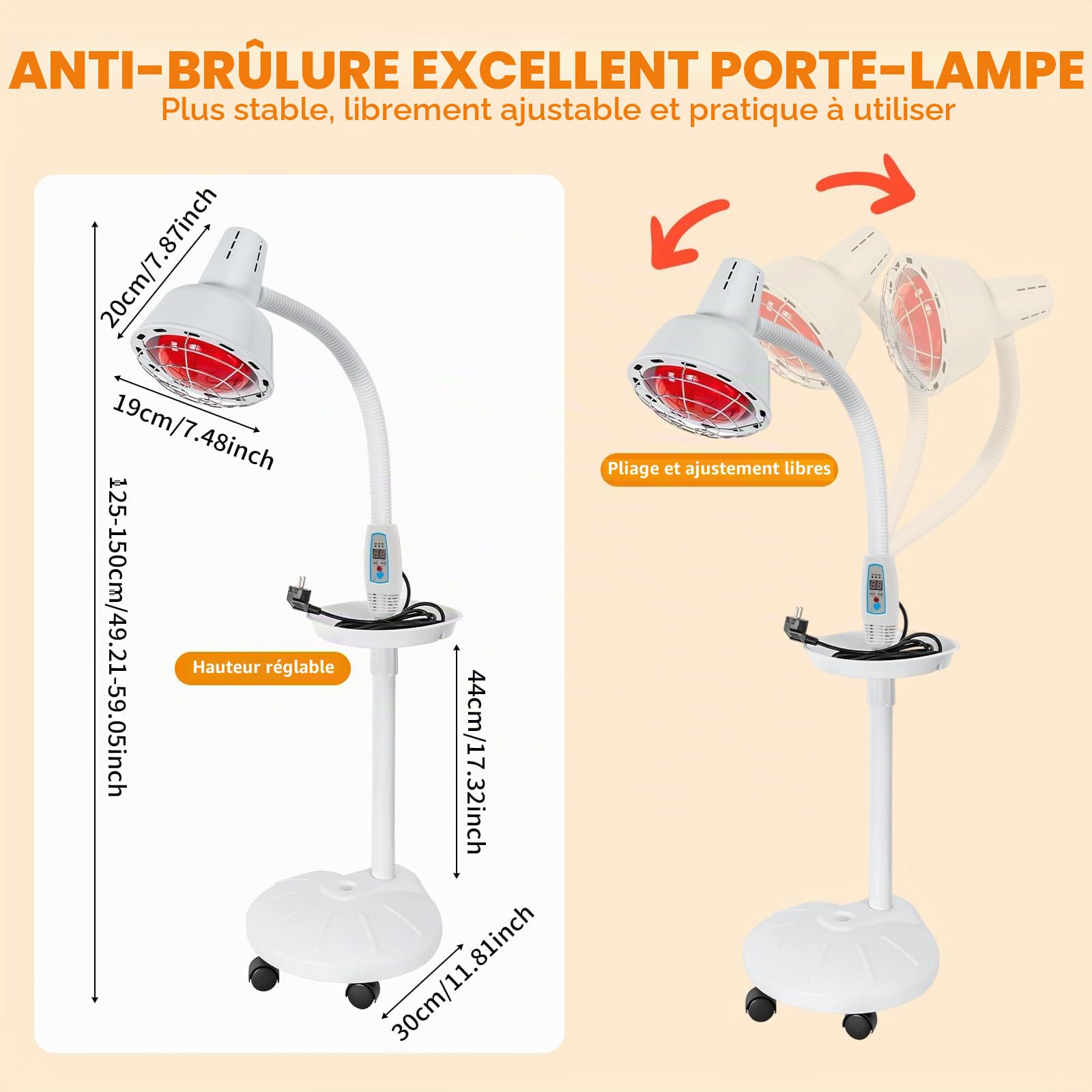 Lampe infrarouge 275 W - Lampe chauffante infrarouge avec support - Lumière infrarouge - Température réglable - Projecteur rouge pour la légèreté des douleurs musculaires