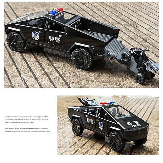 Image of Invite Enterprise Tesla Cyber Police Truck Alloy Metal Pull Back Die-Cast Car 1:24 Scale Model With Sound Light Mini Auto Toy For Kids Metal Model Toy Car With Sound And Light[Colors As Per Stock]