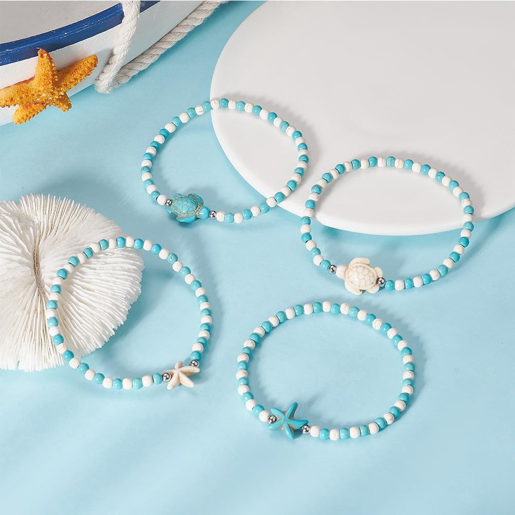 SUNNYCLUE 1 scatola 8 pezzi 5 stili Braccialetti Turchesi per Donne Braccialetti Oceano per Donne Alla Moda Turchese Sintetico Multistrato Bianco Blu Tartaruga Mare Spiaggia Set di Gioielli con Perlin
