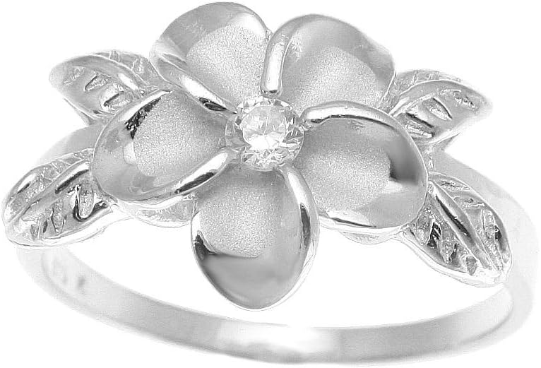 Arthur's Jewelry Sterling Silver 925 Hawaiian 12mm Plumeria Flower cz 4 Maile Leaf Ring Rhodium Plated Size 3-10