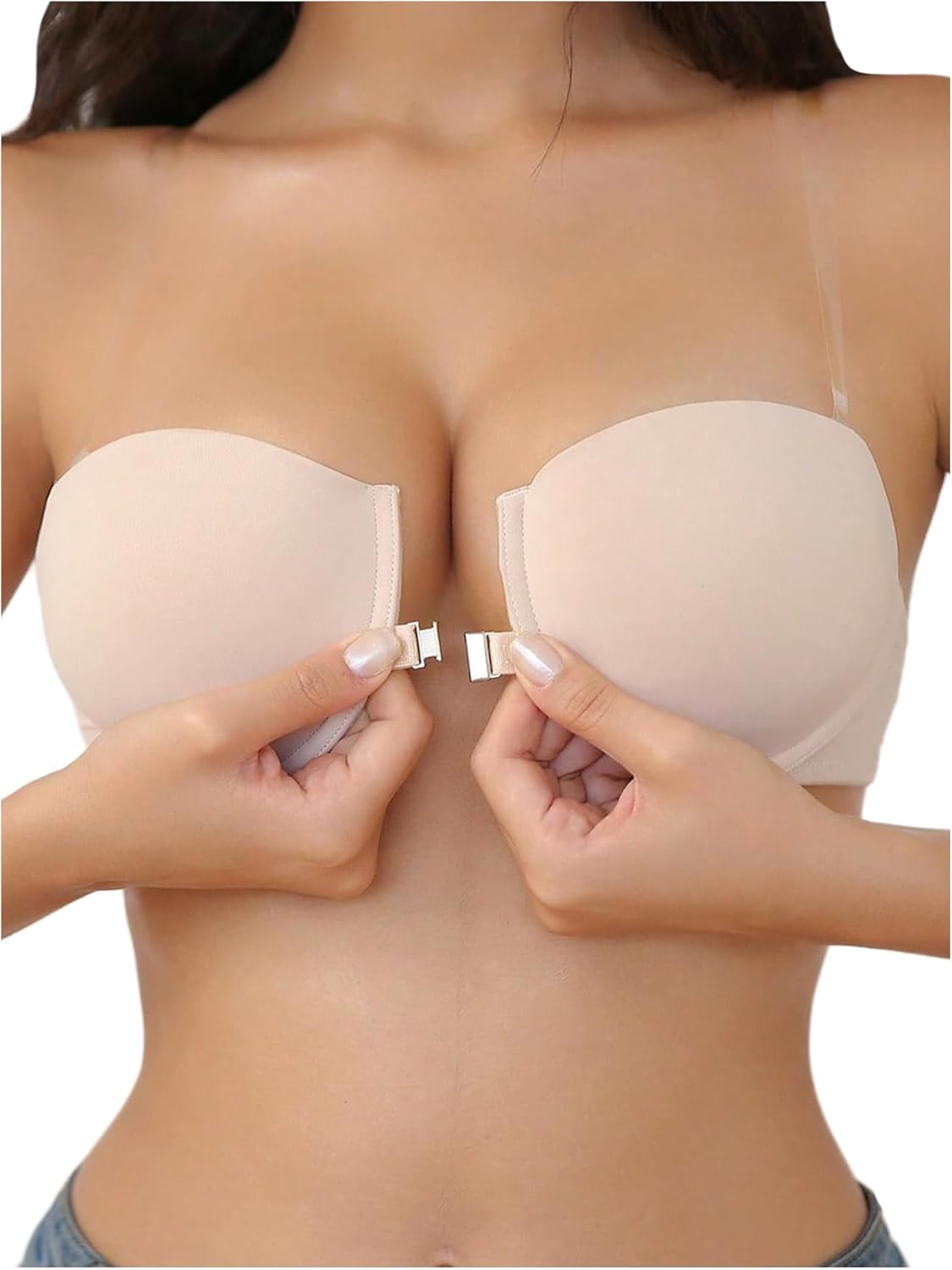 MakeMeChic Women's Front Closure Strapless Bra Underwire Push Up Bras with Clear Straps