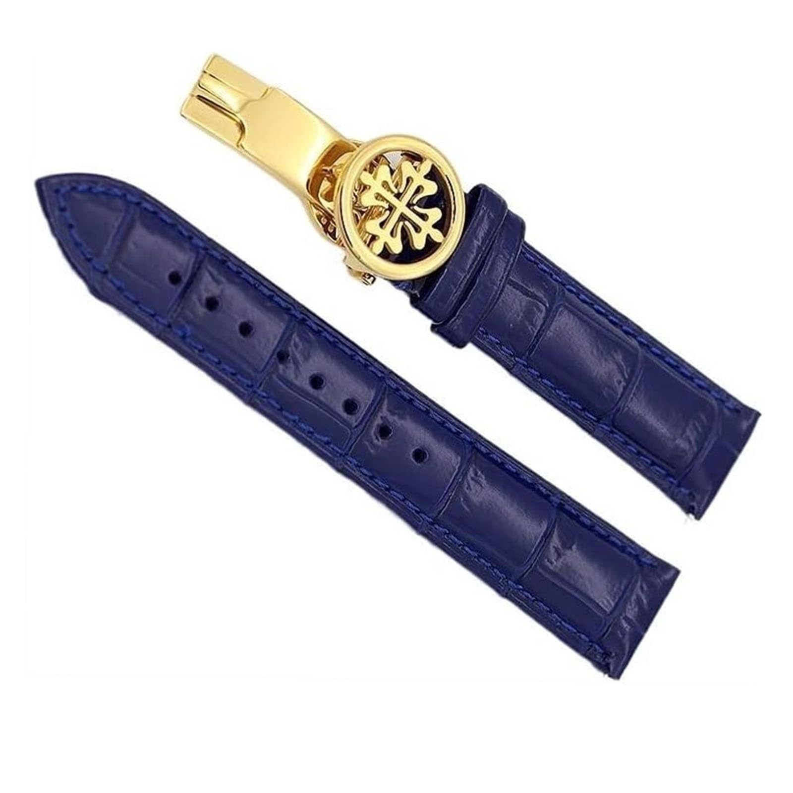 Bracelet de montre cuir véritable 19mm bleu boucle déployante dorée - 8