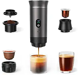 Máquina de café expresso portátil 3 em 1 para viagens e acampamento - Cafeteira portátil com autoaquecimento de 20 bar com tela LED USB-C para carro, compatível com solos e cápsulas (Ns&DG) para