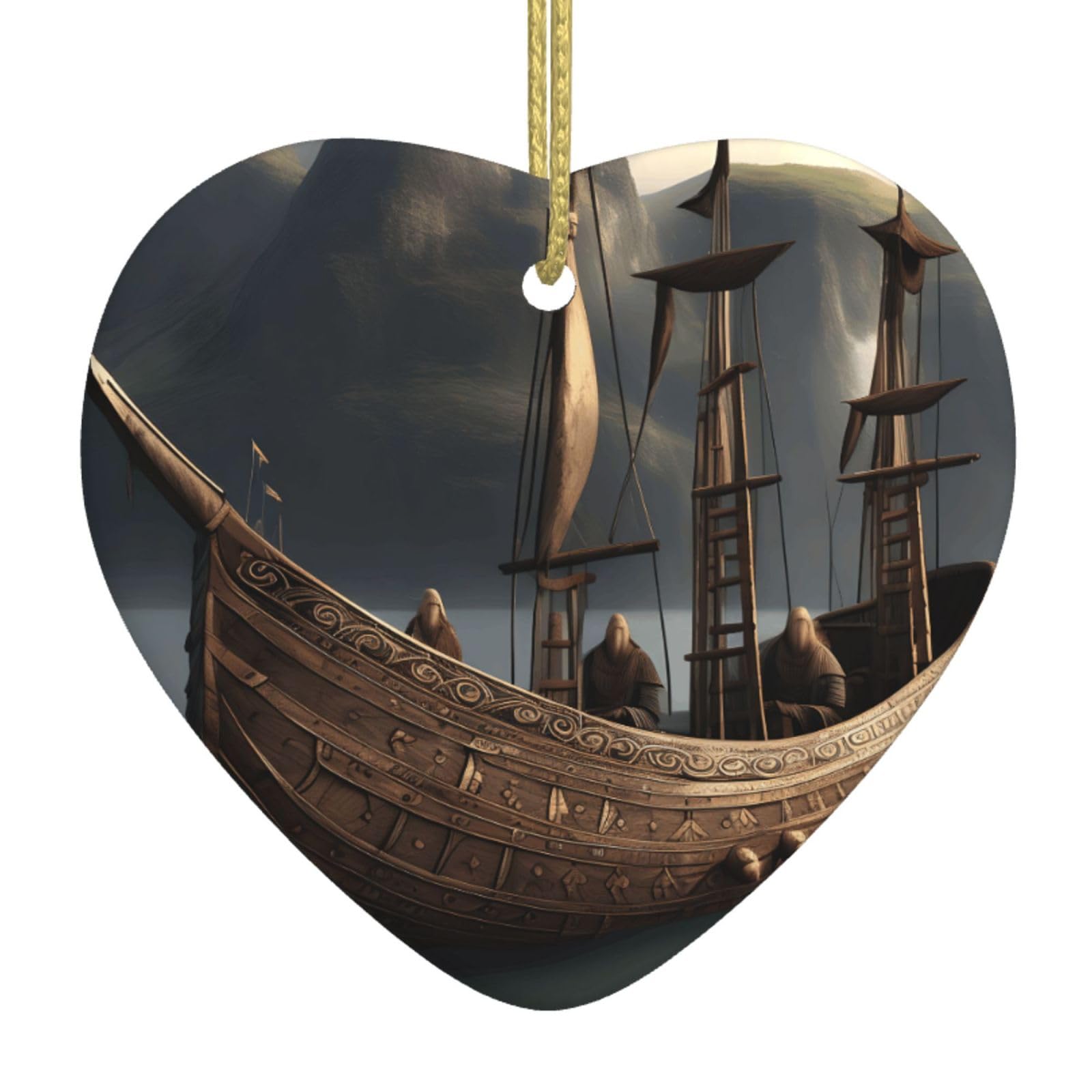 Nbtghga White Nordic Pirate Ship Print Christmas Ornaments, Ceramic Hanging Ornament, Xmas Tree Decoration, Holiday Home Decor