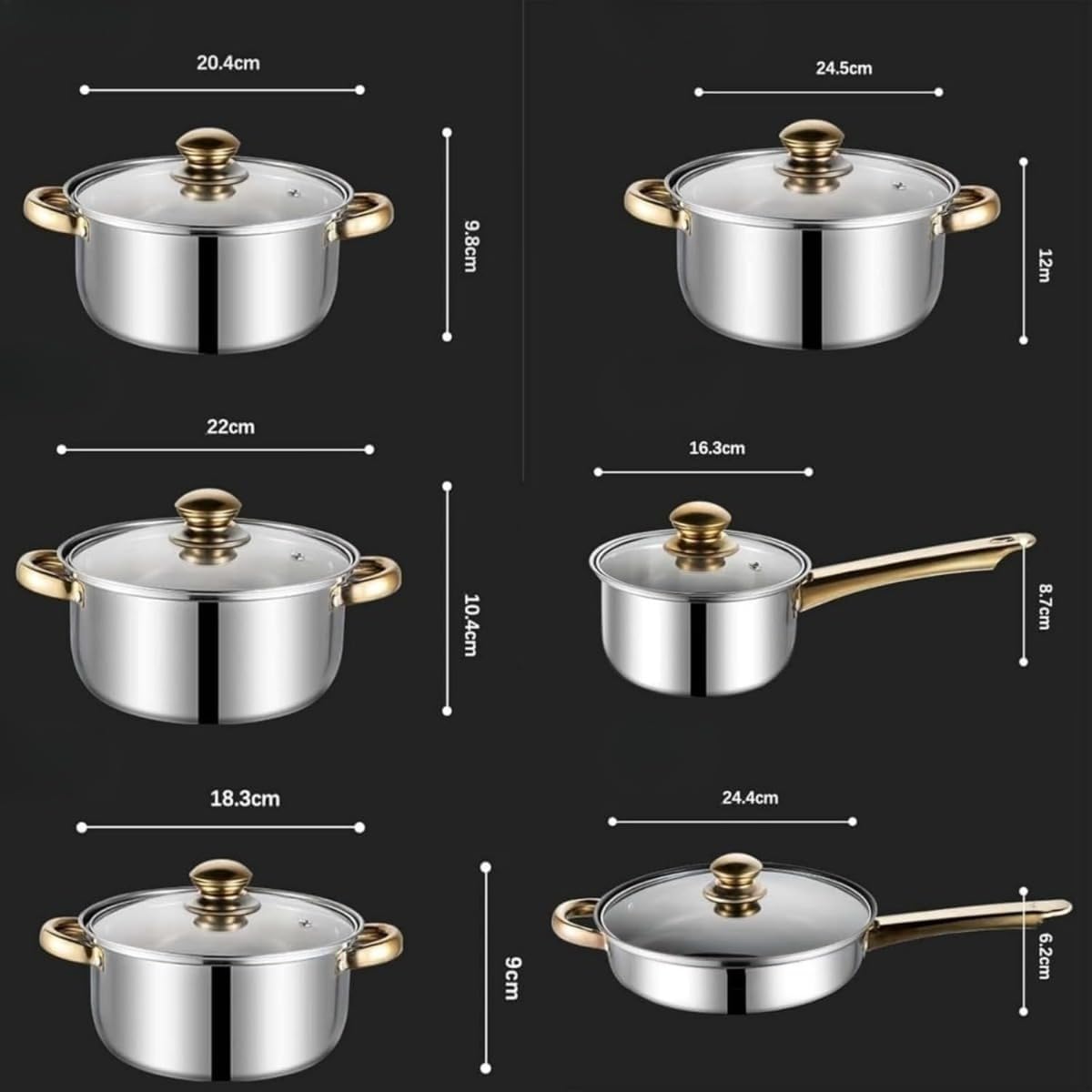 ステンレス鋼調理器具 12 点セット｜ノンスティックフライパン・ソースパン・ミルクポット・スープポット セット｜ガラス蓋付き 厚底設