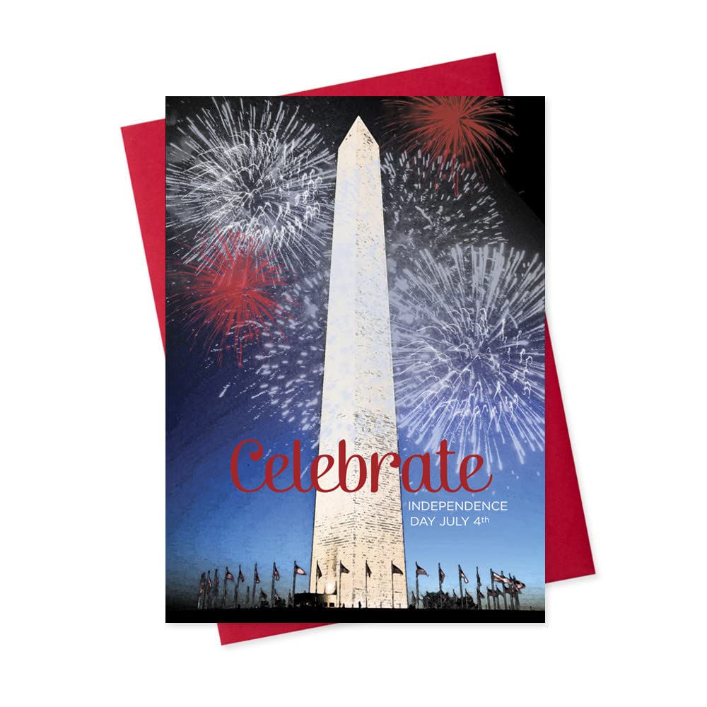 Independence Day Cards for Family & Business (Washington Monument) Happy 4th of July Bulk Greeting Card Set Pack of 25 with Red Envelopes (5x7 inch -
