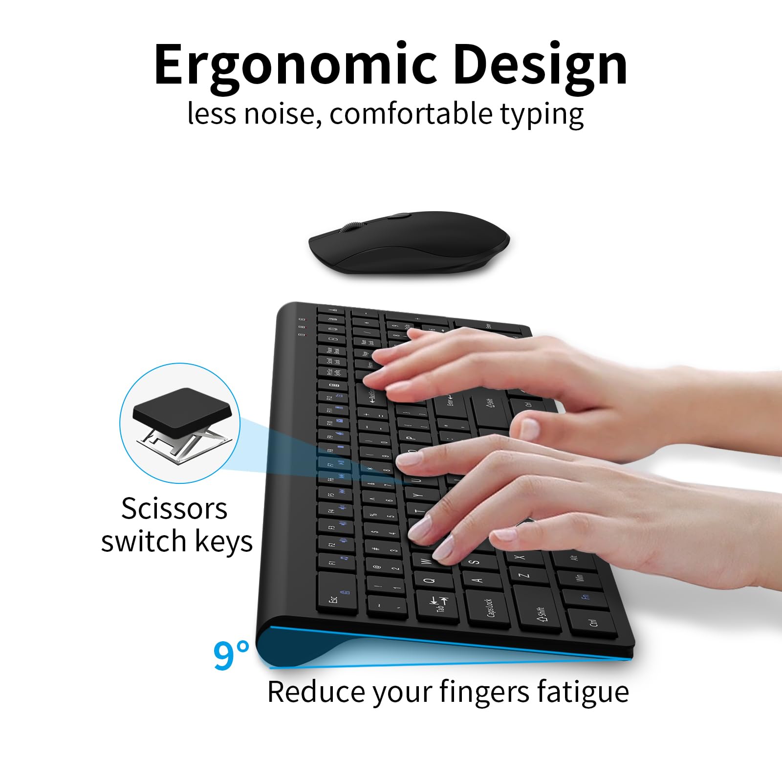 Tastiera wireless e mouse, tastiera silenziosa per computer full-size con pulsante calcolatrice, mouse 2400 DPI, clic silenzioso, set USB sottile senza fili per laptop, PC, Windows Mac, nero
