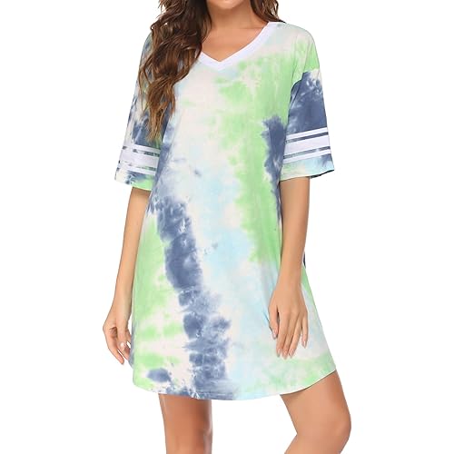 Ekouaer Women's Nightgown, Cotton Novelty Sleepshirts V Neck Short Sleeve Sleep Shirt Loose Comfy Pajama Sleepwear S-XXL
