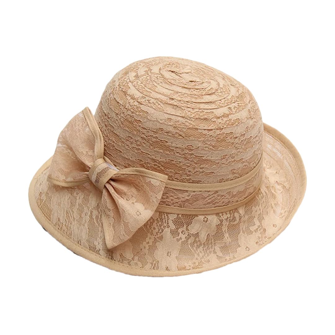 Yeuyyben Cappello da sole estivo da donna, in pizzo, elegante, con fiocco