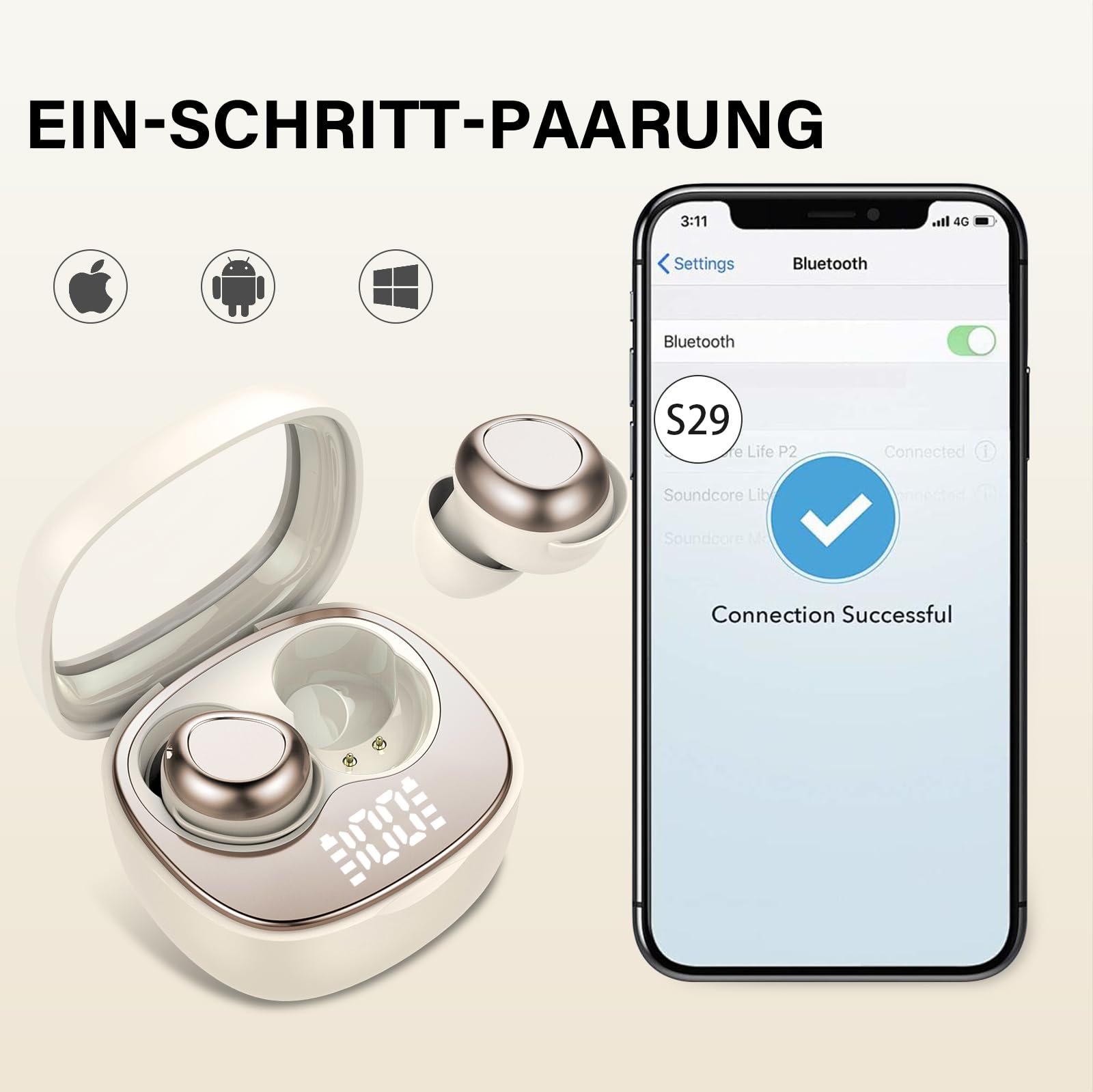 Rinsmola Mini Schlafkopfhörer Bluetooth 5.4 Kopfhörer, Schlafen Sleepbuds | In Ear Kopfhörer Kabellos mit 25 Stunden Akkulaufzeit, Weiche Ohrhörer Sanfter Klang Bequem Tragen ohne Druckgefühl, Beige