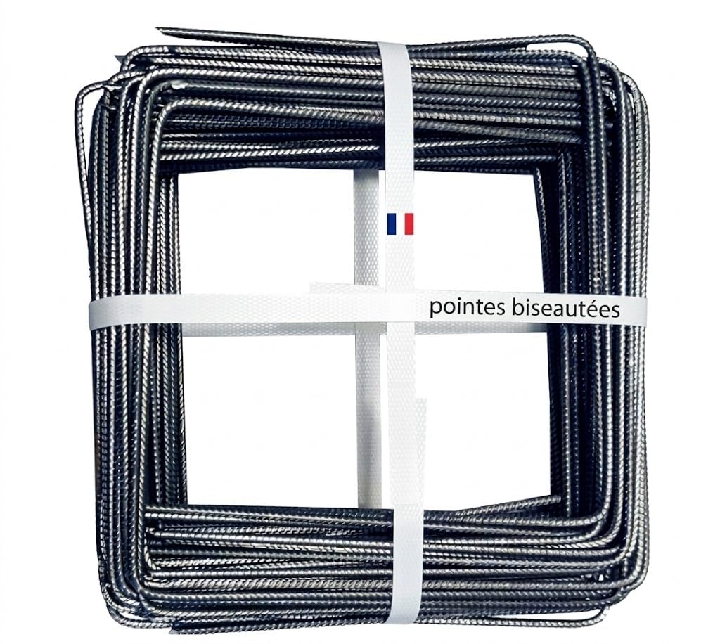 Lot de 100 Agrafes Métal 20x20x20cm Toile de Paillage Acier Cranté Pointes Biseautées 4mm Diamètre Fabrication Française Piquets Largeur 20cm Geotextile Pack Agraphes