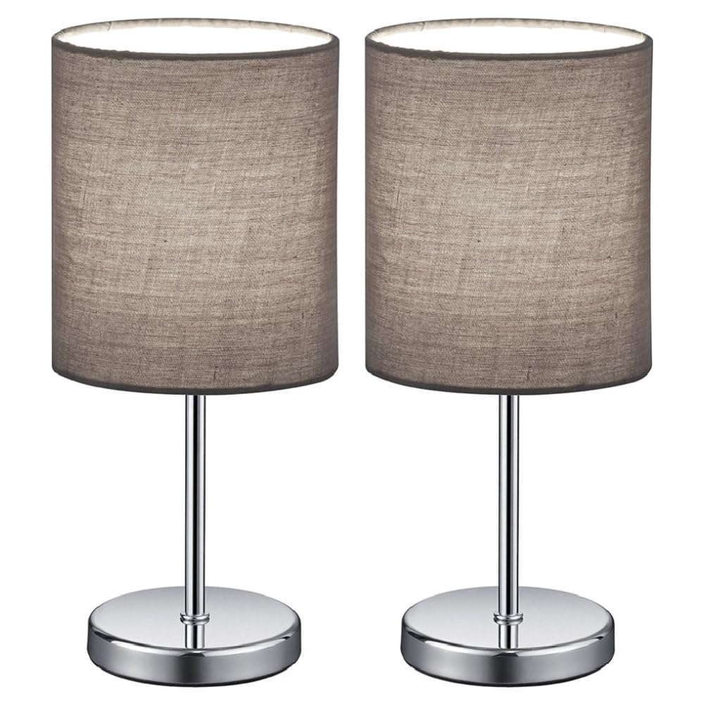 2 Pack - Polished Chrome Slimline Metal Stem Table Desk Lamp with Grey Fabric Cylinder Drum Shade | 28cm Height | 1 x SES E14 Lamp Bulb Required | UK Approved | Sleek & Simplistic Design