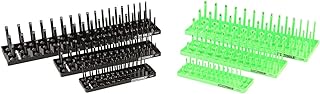 OEMTOOLS 22337 3-Post SAE And Metric Socket Tray Set, 6 Piece, Deep, Shallow, And Impact 3 Row Socket Organizer for Tool Box Drawer, 1/4, 3/8 and 1/2 Inch Drive, SAE And Metric, Black, Green