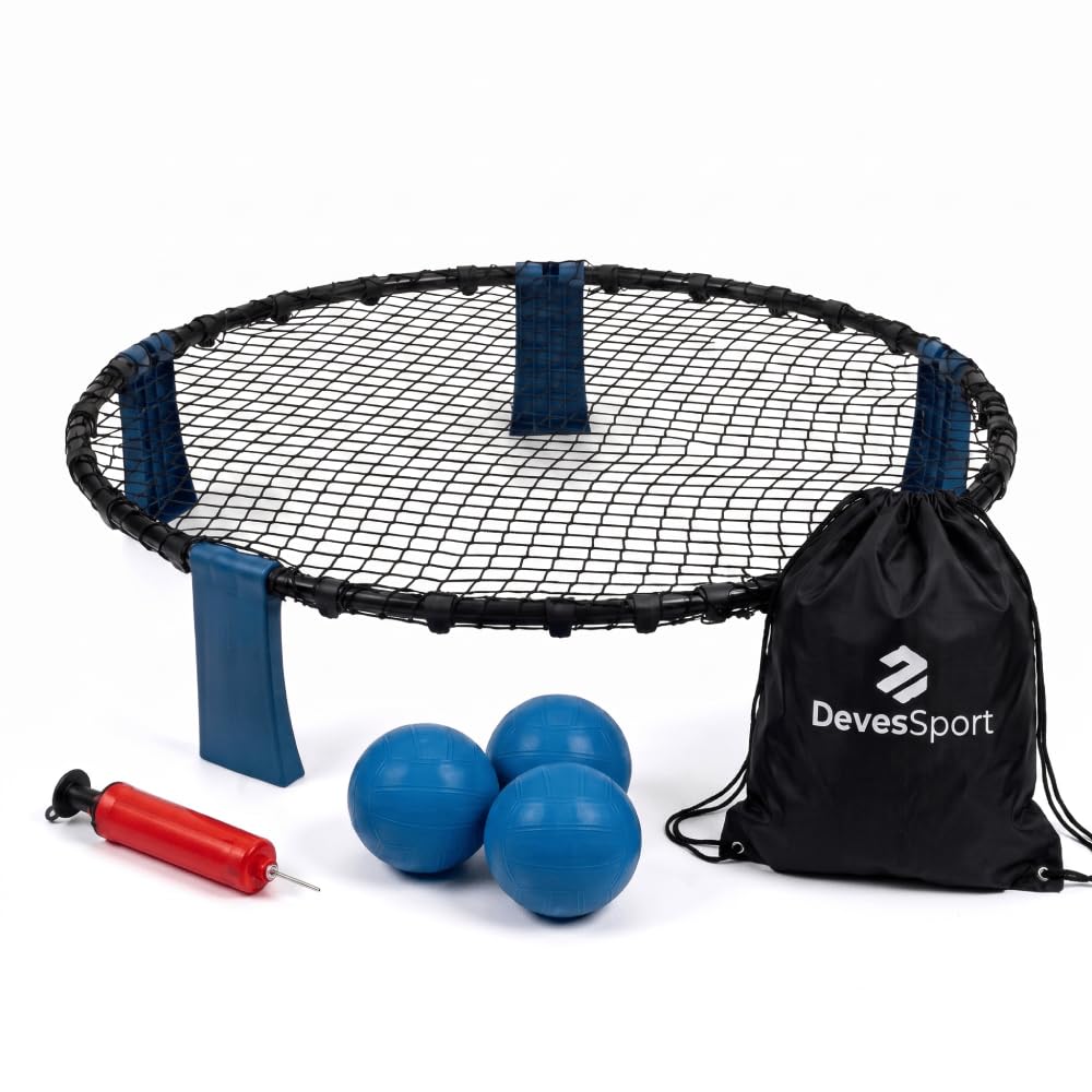 DevesSport Speedy Ball Ensemble complet avec filet de rebond (Ø 90 cm) pour plage, jardin et extérieur Set complet avec 3 ballons, pompe et sac de transport