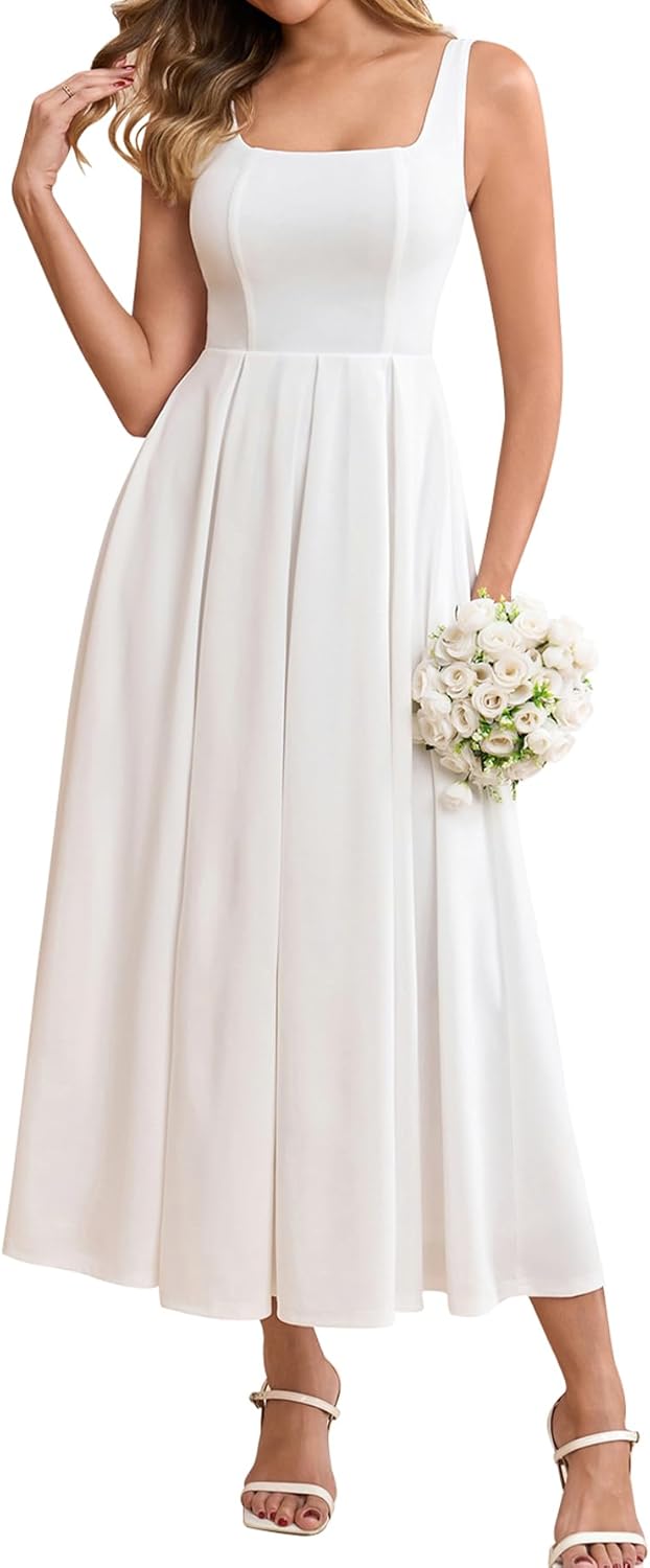 EYNMIN Wedding Guest Dresses for Women 2026 Summer Spring Square Neck Flowy A Line Elegant Midi Formal Dress