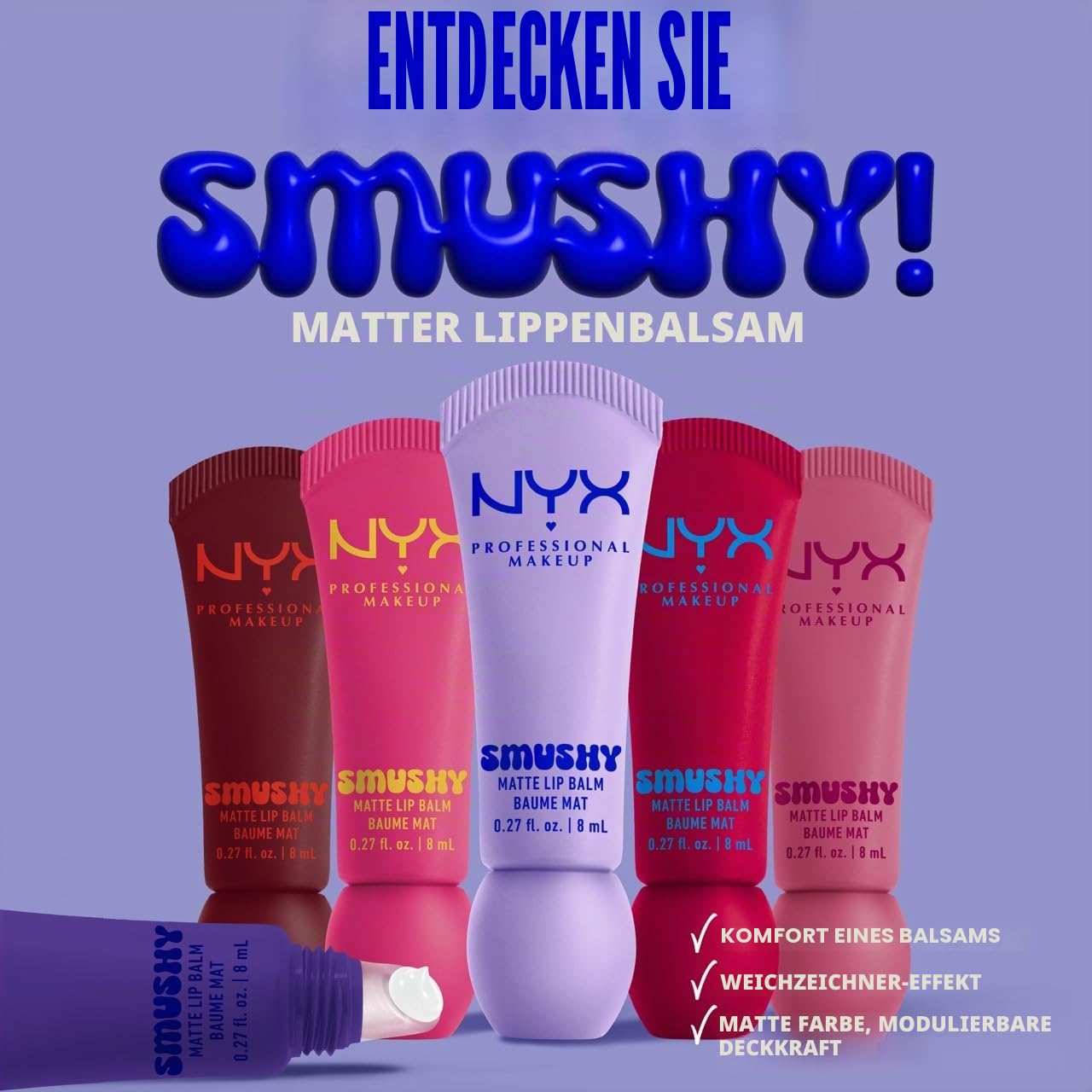 NYX PROFESSIONAL MAKEUP - Set X5 – Lippenbalsam matt gefärbt – SMUSHY – Töne: Sugar SMUSH/SWIPE SESH/SNUGGLE SZN/Soft Smile/SMUDGE Fudge
