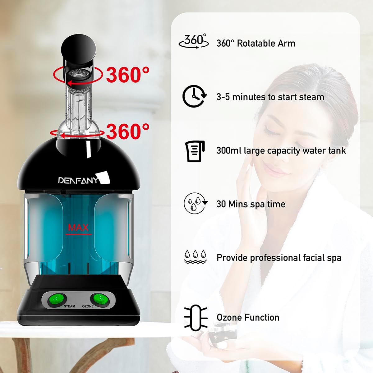 Facial Steamer - DENFANY Nano Ionic Face Steamer with Extendable 360° Rotating Arm - Portable Facial Steamer for Personal Care at Home or Salo (Black) - Image 5