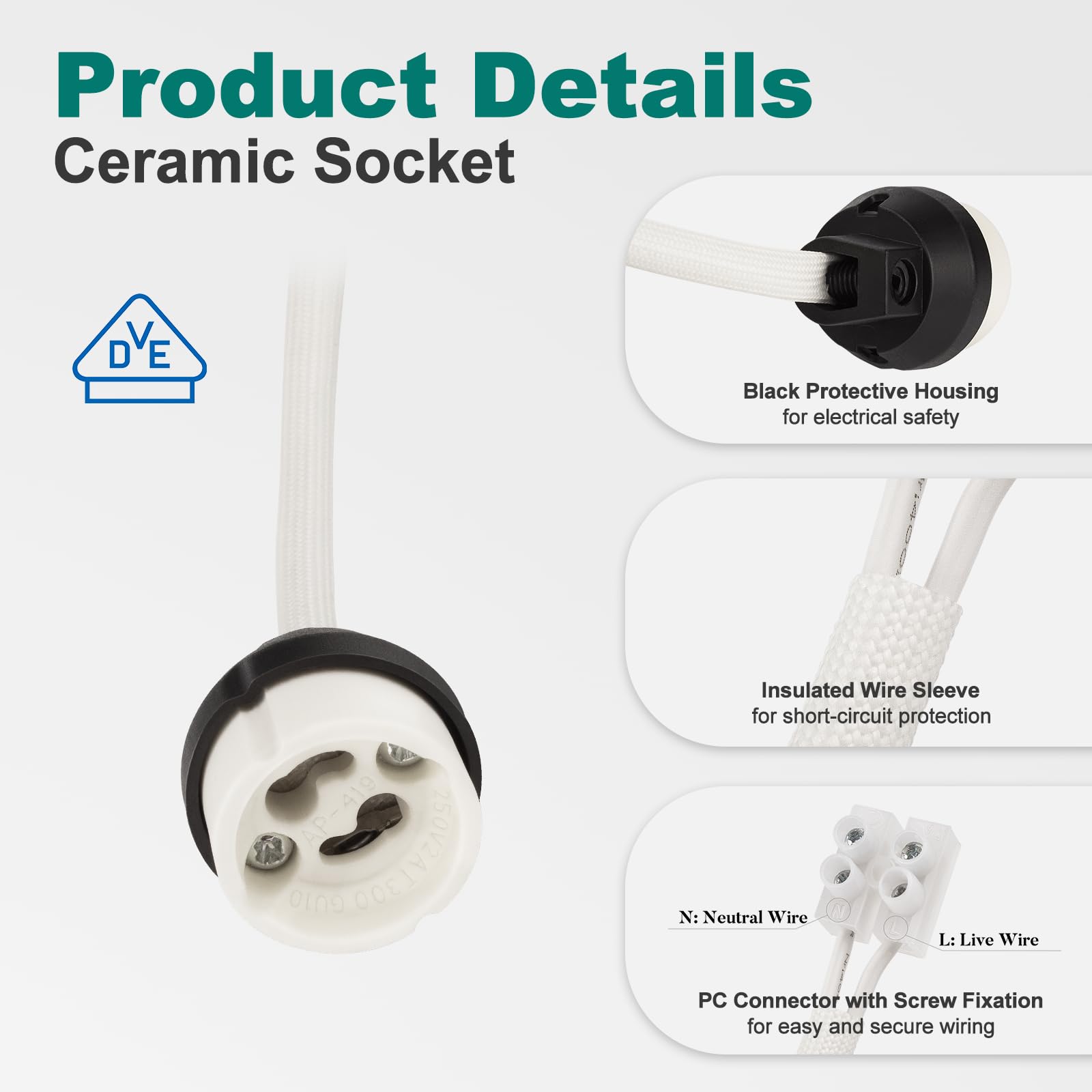 DiCUNO GU10 Portalámparas, 0.75mm²*15CM/150MM Cable, Conector Base de cerámica para bombilla GU10, VDE, 2A, 0-300W, 0-250V, 0-600℃, 10 Piezas