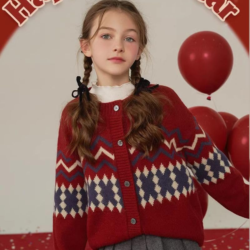 Girls' Red Knitted Long Sleeved Shirt with Button and Checkered Stripes Trendy Cardigan Sweater2