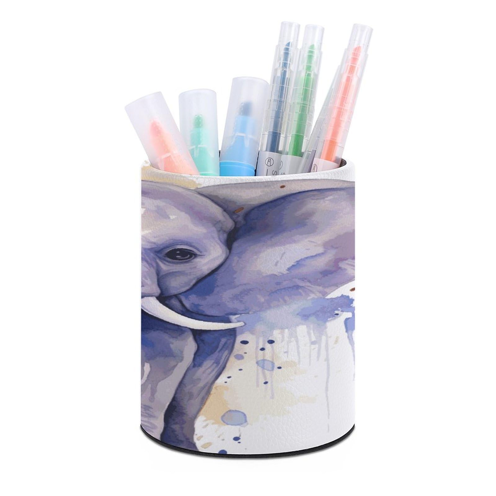 MUSM Cute Baby Elephant Watercolor Pen Holder Large Capacity Pen Holder Modern PU Pencil Holders Durable Waterproof Pens Cup for Home Office Desktop Organizer